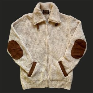 Vintage 70s Tundra Full Zip Knit Sweater Elbow Patches Pure Virgin Wool Large